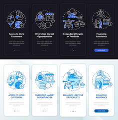 Export business advantages night, day mode onboarding mobile app screen. Walkthrough 4 steps graphic instructions pages with linear concepts. UI, UX, GUI template. Myriad Pro-Bold, Regular fonts used