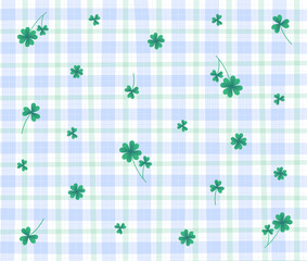 Green Lucky Clover Leaf Blue Green Gingham Patterns Background Editable Stroke. Vector Illustration Tablecloth, Picnic mat wrap paper