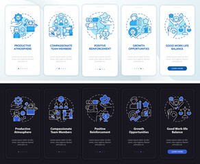 Office environment night and day mode onboarding mobile app screen. Walkthrough 5 steps graphic instructions pages with linear concepts. UI, UX, GUI template. Myriad Pro-Bold, Regular fonts used