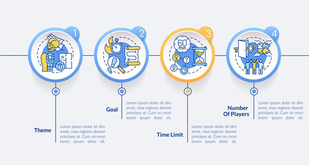 Escape rooms components circle infographic template. Theme and goal. Data visualization with 4 steps. Process timeline info chart. Workflow layout with line icons. Lato-Bold, Regular fonts used