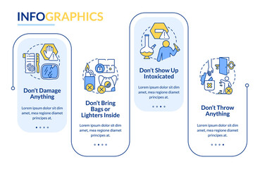 Escape room precautions rectangle infographic template. Dont damage things. Data visualization with 4 steps. Process timeline info chart. Workflow layout with line icons. Lato-Bold, Regular fonts used