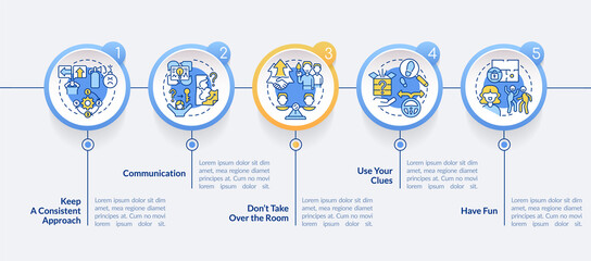 Escape room winning approaches circle infographic template. Communication. Data visualization with 5 steps. Process timeline info chart. Workflow layout with line icons. Lato-Bold, Regular fonts used