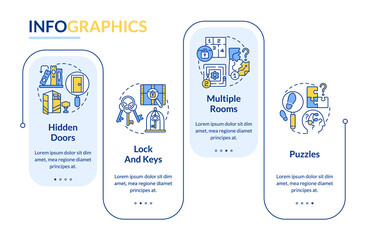 Escape room attributes rectangle infographic template. Multiple rooms. Data visualization with 4 steps. Process timeline info chart. Workflow layout with line icons. Lato-Bold, Regular fonts used