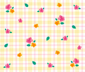Pink Orange Hibiscus Flower Pink Yellow Gingham Patterns Background Editable Stroke. Vector Illustration Tablecloth, Picnic mat wrap paper.	