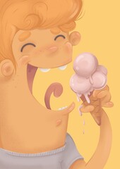 A red-haired guy in a purple T-shirt enjoys his favorite dessert, cold ice cream, on a hot summer day.