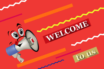 Vector realistic 3d with a funny megaphone face on a red background. Design Template, Banner, Web. Speaker's sign. Announcement, The Concept Of Attention