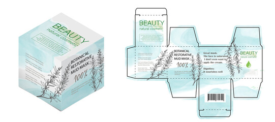 Naklejka premium Design of the cosmetic packaging template. Cut. Cosmetic cream mask with rosemary in a closed box. Realistic 3D model.