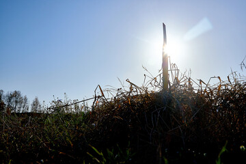 On a sunny day, a high-pressure gas pipeline runs. A column of designations among dry foliage