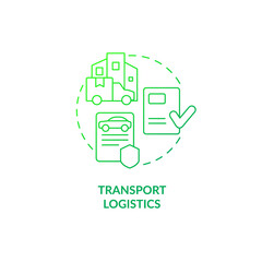 Transport logistics green gradient concept icon. Shipping and delivery. Export business tips abstract idea thin line illustration. Isolated outline drawing. Arial, Myriad Pro-Bold fonts used