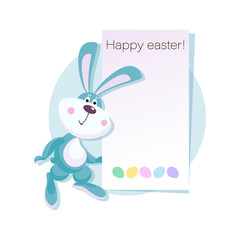 Cute Easter Bunny. Emblem. Design funny character with a horizontal poster on a light blue background and place for text. Greeting card. Vector illustration.