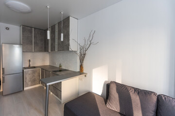 Modern studio flat with table, chairs, couch.