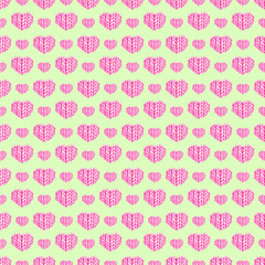 Watercolor pattern with pink knitted hearts on a green background