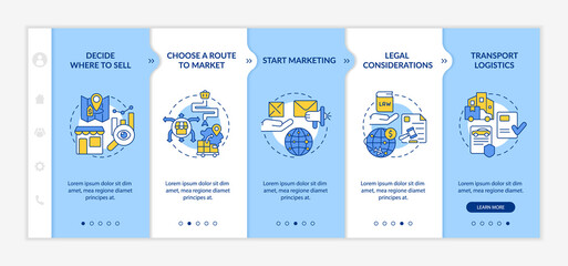 Export business tips blue and white onboarding template. Marketing strategy. Responsive mobile website with linear concept icons. Web page walkthrough 5 step screens. Lato-Bold, Regular fonts used