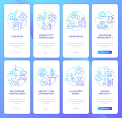 Rural electrification blue gradient onboarding mobile app screen set. Walkthrough 4 steps graphic instructions pages with linear concepts. UI, UX, GUI template. Myriad Pro-Bold, Regular fonts used