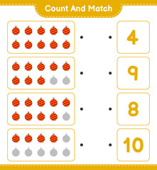 Count and match, count the number of Christmas Ball and match with the right numbers. Educational children game, printable worksheet, vector illustration