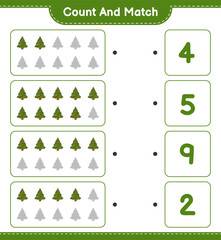 Count and match, count the number of Christmas Tree and match with the right numbers. Educational children game, printable worksheet, vector illustration