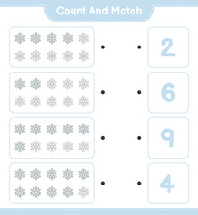 Count and match, count the number of Snowflake and match with the right numbers. Educational children game, printable worksheet, vector illustration