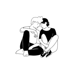 Boy gay couple sitting close to each other being in love, lgbtq pride, doodle line style vector illustration