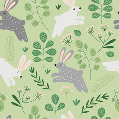 Vector seamless pattern with grey and white bunny rabbits hopping on the green meadow