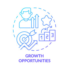 Growth opportunities blue gradient concept icon. Skill advancement abstract idea thin line illustration. Climbing career ladder. Work environment. Isolated outline drawing. Myriad Pro-Bold font used