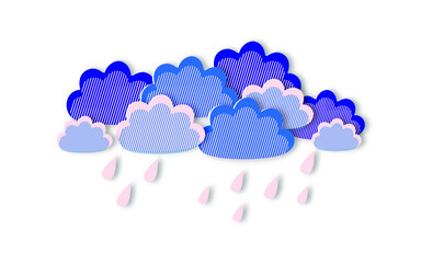 Rain clouds and drops isolated on white background in paper cut style. Modern design of a weather forecast during a storm. Horizontal poster with cloudy sky. Vector