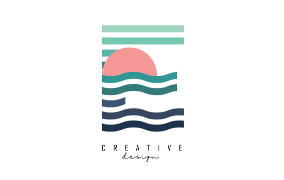 Letter E logo design with gradient lines and red half circle. Vector illustration with sea and sunset lines.