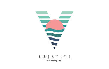 Letter V logo design with gradient lines and red half circle. Vector illustration with sea and sunset lines.