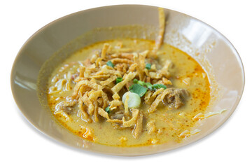 Die cut of Northern Thai Curry Noodles with Beef on white isolated.