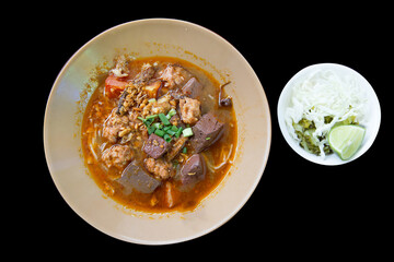 Die cut of Rice Vermicelli With Northern Thai Pork Curry on black isolated.