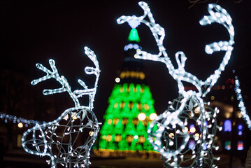Lighting decoration deers with christmas tree on the background in the city of Gomel during New...