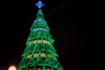 A large Christmas tree with bright garlands and star Shine lights down on the street in winter. Decoration of the city of Gomel, Belarus for the holiday.