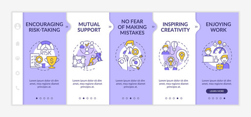 Employee happiness importance purple and white onboarding template. Enjoy work. Responsive mobile website with linear concept icons. Web page walkthrough 5 step screens. Lato-Bold, Regular fonts used