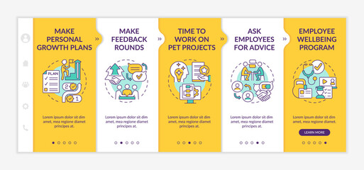 Employee commitment activities yellow onboarding template. Asking for advice. Responsive mobile website with linear concept icons. Web page walkthrough 5 step screens. Lato-Bold, Regular fonts used