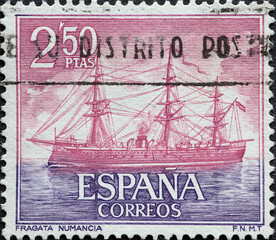 Spain - circa 1964 : a postage stamp from Spain, showing the steam sailing ship Frigate 'Numancia'