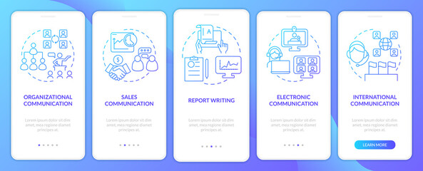 Corporate communication forms blue gradient onboarding mobile app screen. Walkthrough 5 steps graphic instructions pages with linear concepts. UI, UX, GUI template. Myriad Pro-Bold, Regular fonts used