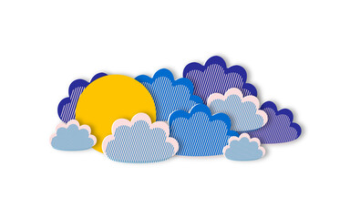 Blue cute clouds and yellow sun isolated on white background in paper cut style. Modern clear weather forecast design. Horizontal poster with sky and slightly cloudy weather.