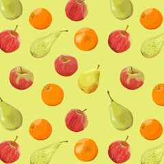 Pattern of fruits oranges apples pears on a light yellow background in vector. Seamless pattern. Fruits and vitamins. Benefits and healthy nutrition. Packaging and label. Print on kitchen wallpaper.