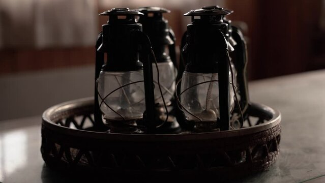 Antique lanterns on a table