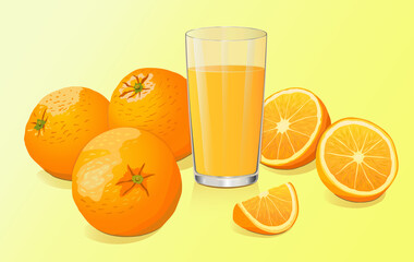  Oranges and orange slices with a glass of orange juice on a yellow-orange background in a vector. Wallpapers and banners. Fruits and juices. Food and healthy eating. Benefits and vitamins. 