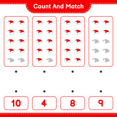 Count and match, count the number of Santa Hat and match with the right numbers. Educational children game, printable worksheet, vector illustration