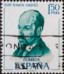 Spain - circa 1970 : a postage stamp from Spain, showing a portrait of the writer and Nobel Prize...