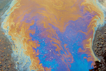 Oil stains on wet asphalt. Puddles are contaminated with multicolored streams of oil. The concept...