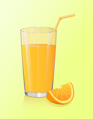 A slice of orange with a glass of orange juice with a straw on a yellow-orange background in a vector. Drink juice through a straw. Wallpapers and banners. Fruit and juice. Food and healthy eating. 