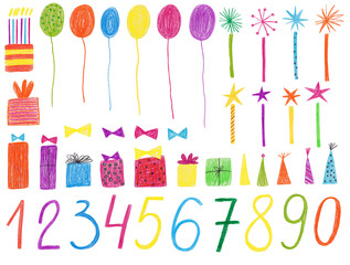 Hand drawn with pencils birthday elements