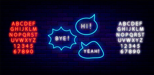 Speech bubbles neon sign collection. Hi, bye and yeah shiny text. Glowing blue and pink alphabet. Vector illustration