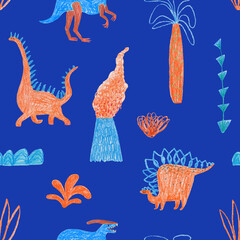 Summer seamless pattern with funny dinosaurs