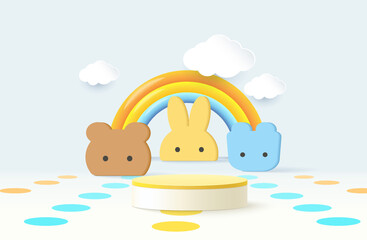 3d rendering of podium and abstract geometric with empty space for kids or baby product.