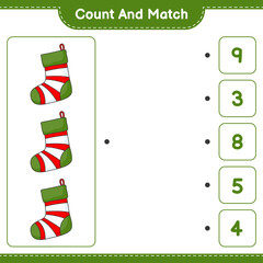Obraz premium Count and match, count the number of Christmas Sock and match with the right numbers. Educational children game, printable worksheet, vector illustration