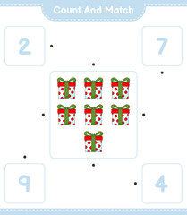 Count and match, count the number of Gift Box and match with the right numbers. Educational children game, printable worksheet, vector illustration