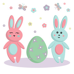 Set of cute Easter bunnies. Vector illustration Couple Easter bunnies and Easter egg. Collection of Easter elements for your design.